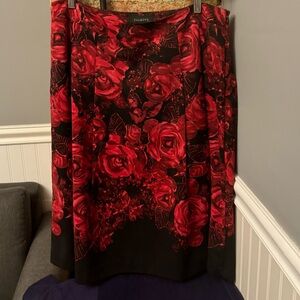 Talbots Floral Red Roses Black A Line Skirt Side Zipper Closure Size 16
